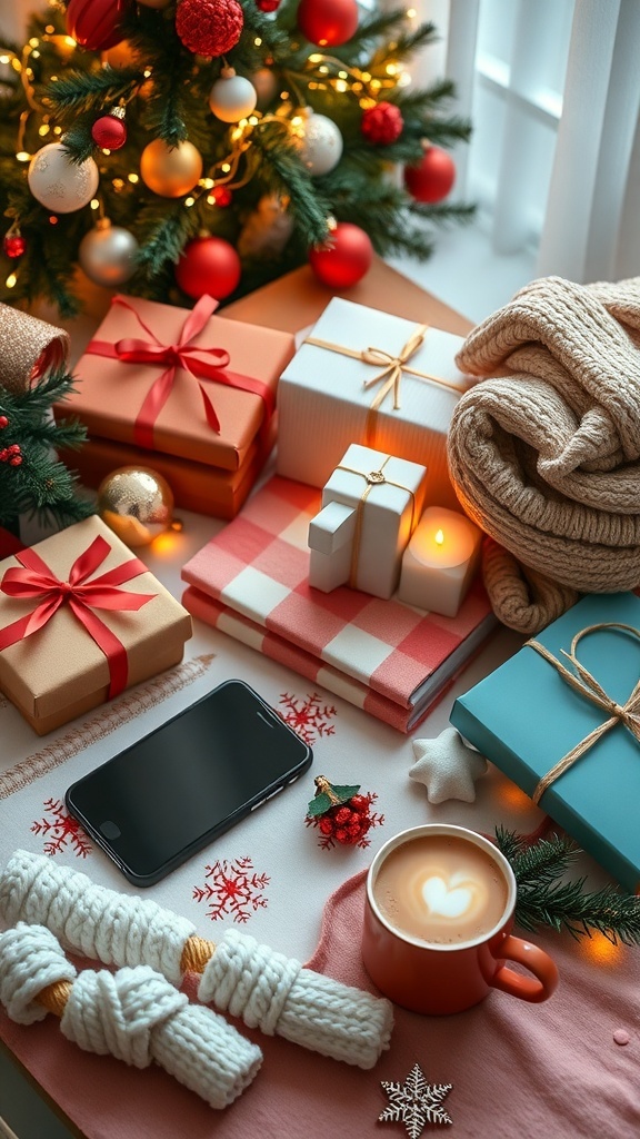 Christmas Wishlist Ideas A festive Christmas wishlist display with gifts like a smartphone, blankets, and books on a decorated table.
